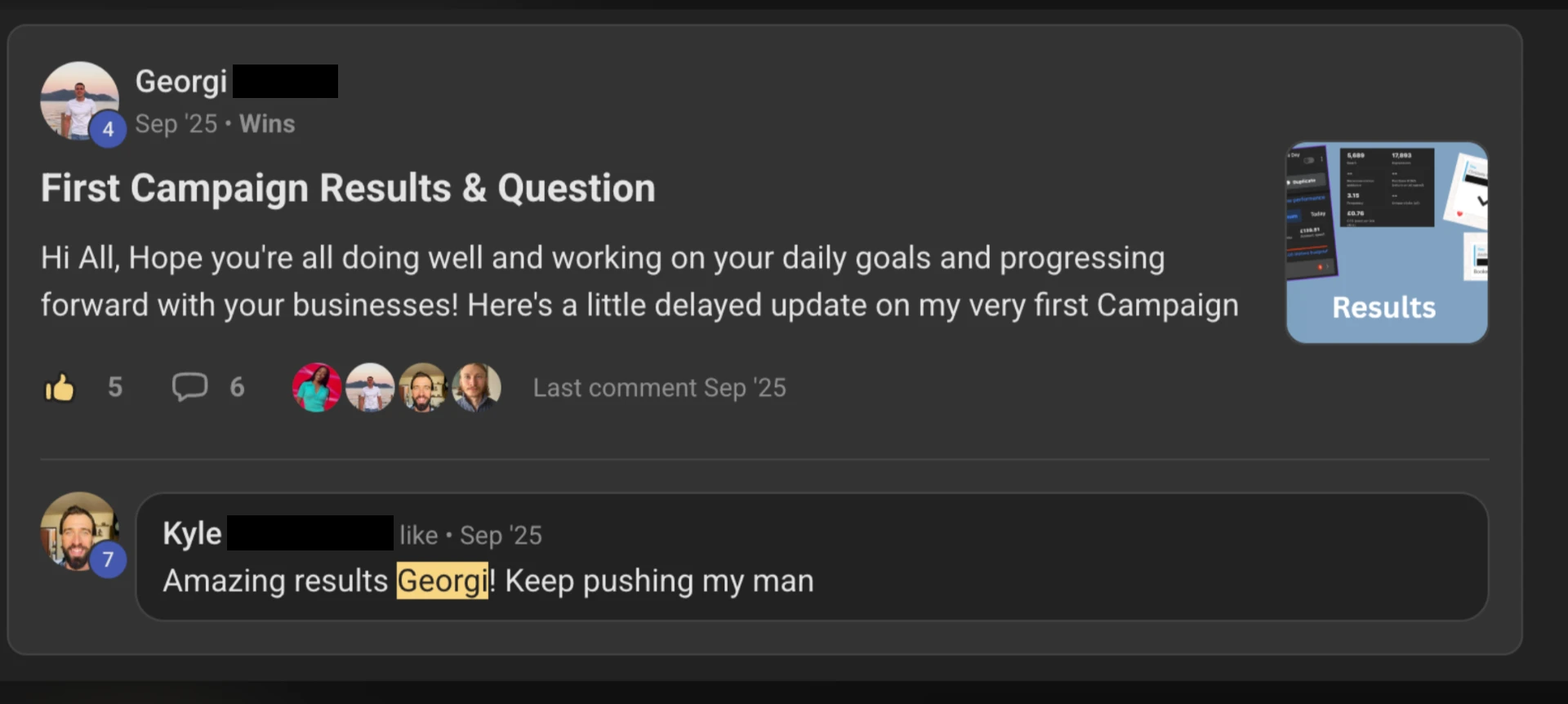 Community post from Georgi sharing his first campaign results