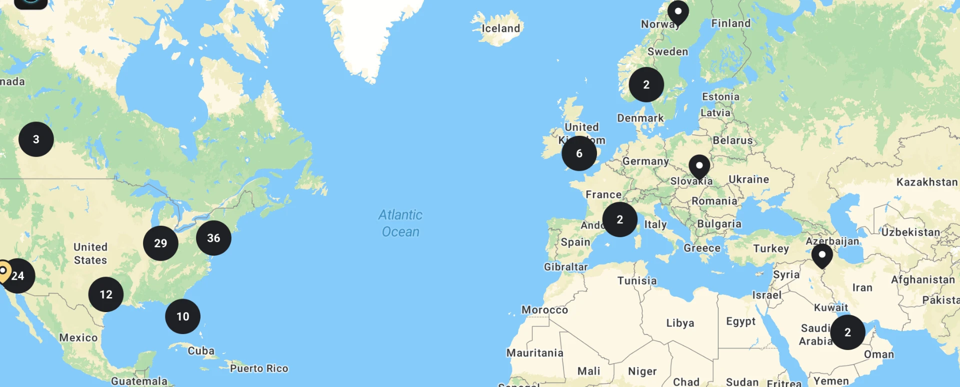 Map showing student locations across North America, Europe and the Middle East