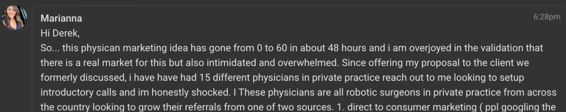 Marianna's message describing 15 surgeons reaching out in 48 hours
