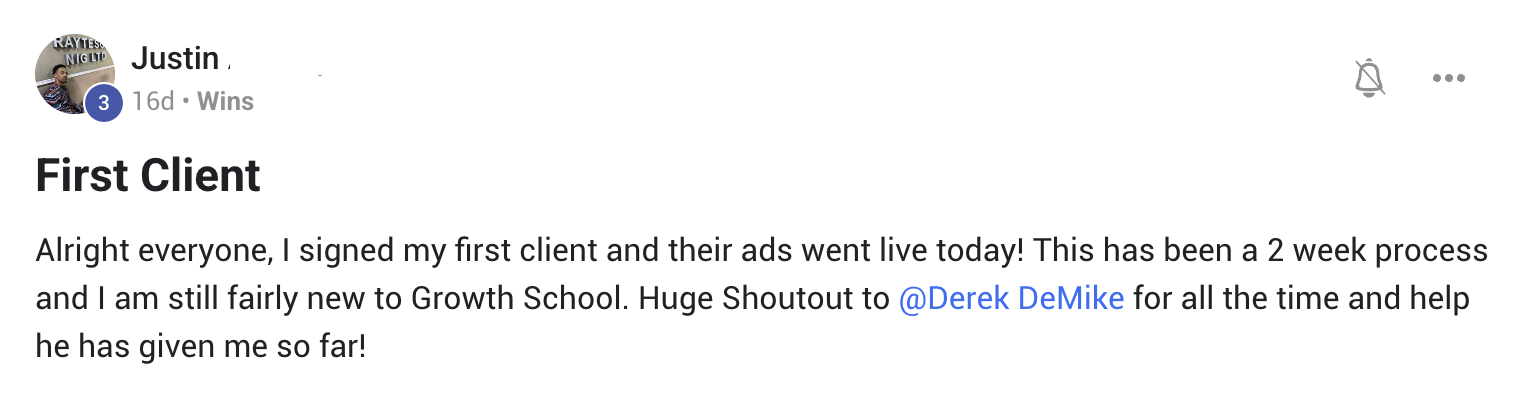 Community post from Justin announcing he signed his first client and their ads went live
