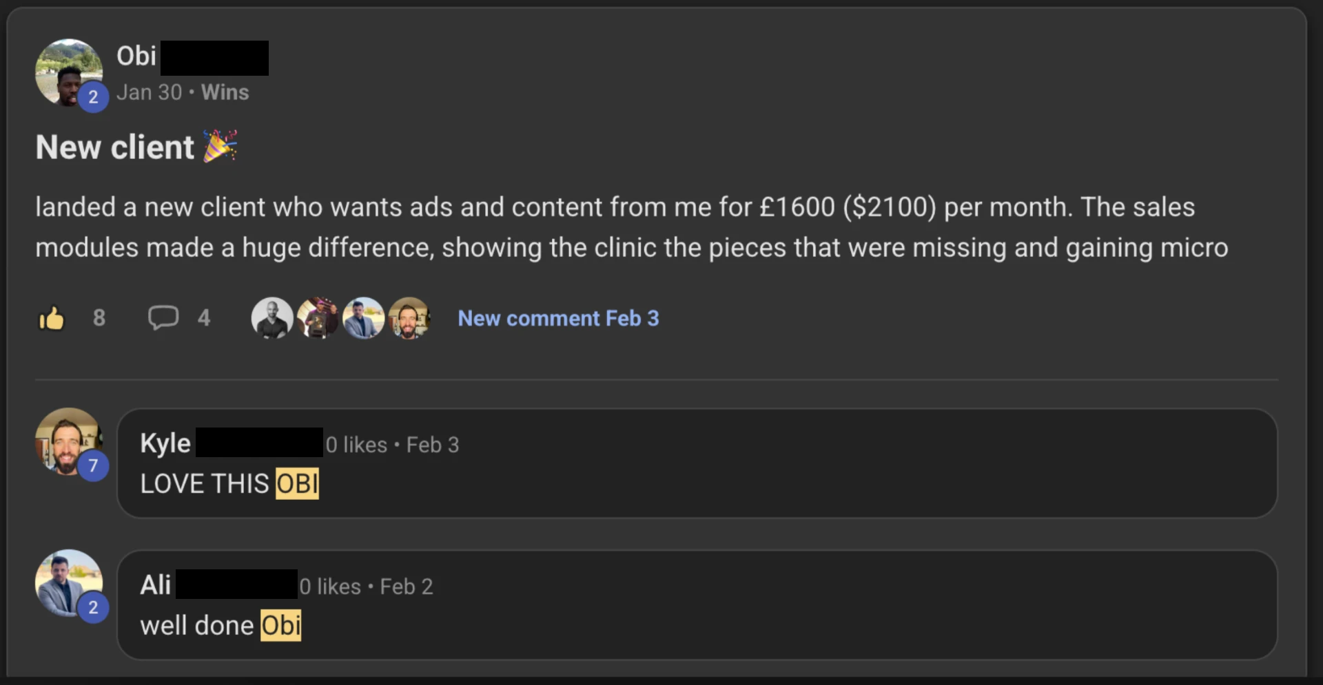 Community post from Obi announcing a new clinic client at £1600 per month