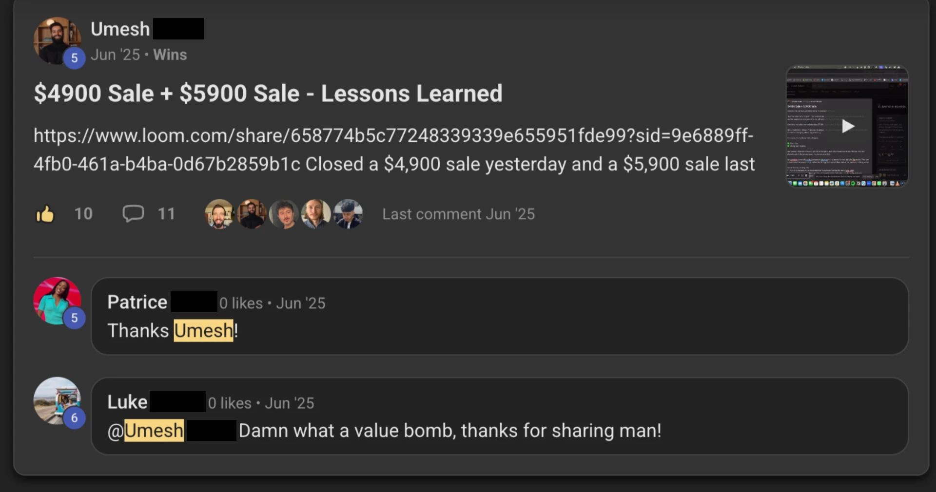 Community post from Umesh breaking down a $4,900 sale and a $5,900 sale